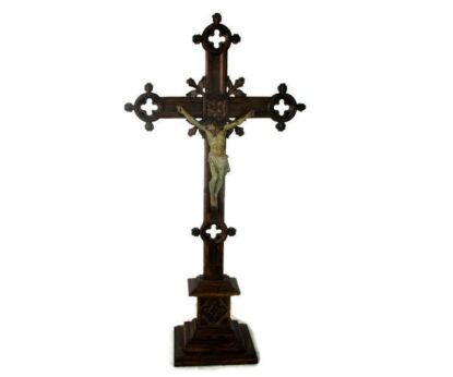 French Standing Crucifix Corpus Christi Hand Carved Wood Oak Plaster Art Piece