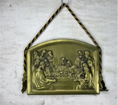 Small Brass Wall Panel Jesus Christ Angels Last supper Tableaux Plaque Signed