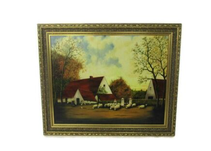 Large Painting Framed Ornate Oil on Canvas Signed M. Cauwelier Farm Peasants