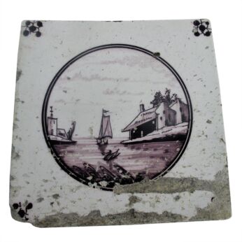 1800s Antique Delft Tile Dutch Manganese Seaside Boats Ship Beautiful