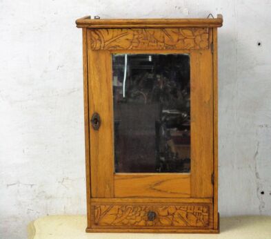 Small Hand Carved Wood Medicine Wall Cabinet Apothecary Mirror Drawer Ornate