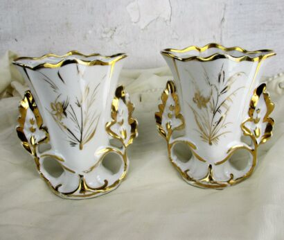 Lovely Couple Antique Limoges Guerin Porcelain Fan Flair Bridal Vases Beautiful