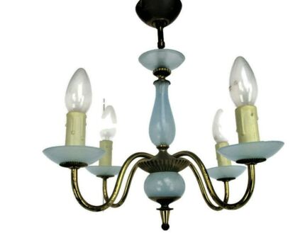 Opaline Baby Blue Brass Chandelier Hollywood regency Romantic 4 Arm Lights