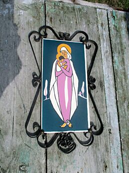Wall Plaque Ceramic Tile Wrought Iron Frame Virgin Mary With Child Madonna 50s