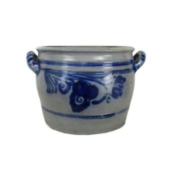Antique French Stoneware Earthenware Crock Jar Lard Cobalt gray Decorative 8.26"