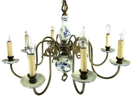 Vintage Delft Blue White Porcelain Brass chandelier 8 arms Lights Flowers