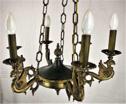 French Large Bronze Tole Chandelier Griffin Architectural French Empire 6 arm