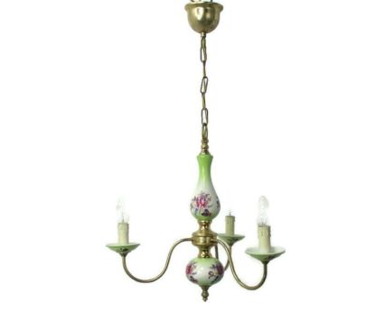 Romantic Chandelier 3 arm Brass Green Pink Porcelain Flowers Mid Century Modern