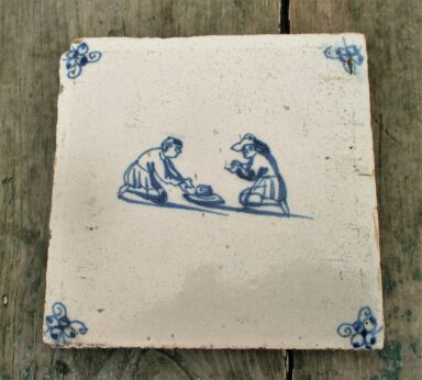 Antique 18th C. Delft Tile Dutch Blue White Fisherman Fisherboy Cute