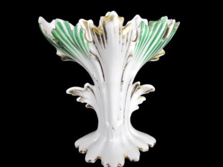 Antique Porcelain Fan Flair Bridal Vase ornate white with Green Lines Lovely 5.9"