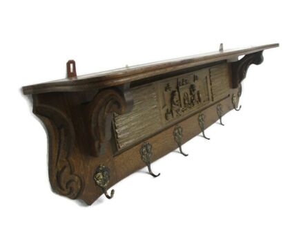 Hand Carved Wood Wall Shelf Coat Kitchen Rack Medieval Scene French Oak WOW