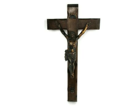 Large Hand Carved Wood Oak Ornate Hanging Crucifix Cross Jesus Christ Red Copper Corpus 27.36"
