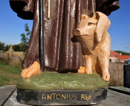 Large Statue  Saint Anthony the Great of Abad with Pig Gothic Rare Plaster HTF