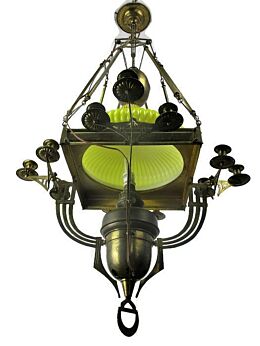 Impressive Chandelier Arts & Crafts Bauhaus Art Deco Brass Yellow Opaline Shade