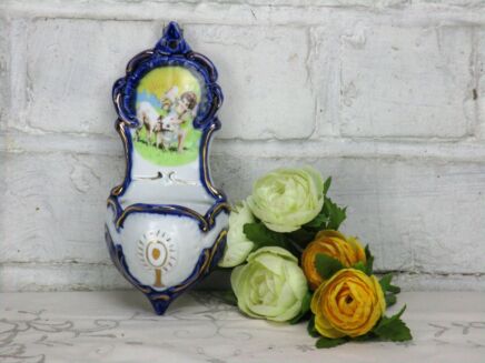 Antique Holy Water Font Porcelain Wall Hanging Vessel litlle Child Lambs Lovely