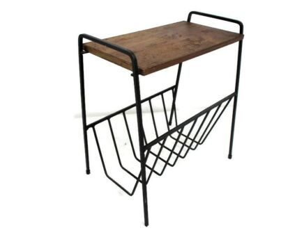 Vintage Mid Century Modern Magazine Newspaper Basket Side Table Funky Wrought Iron Teak Top Modernist
