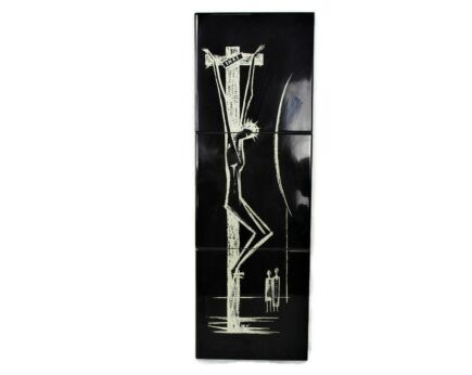 Large Vintage Ceramic Black Tile Wall Hanging Small Jesus Christ Crucifix Mettlach 17.91"