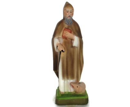 Saint Anthony of Abad Statue the Great Pig Plaster Gothic Figurine Polychrome HTF 9.44"