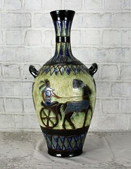 Art Deco Blue Egyptian Ceramic Vase Dubois Signed Fat Lava Handles Gorgeous