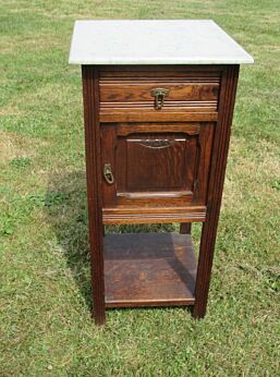 Antique French Art Deco Carved Oak Marble Cabinet Lamp End Table Nightstand