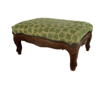 Mini Small Vintage Footstool Ottoman Hand Carved Wood Green Beige Fabric Hobnails