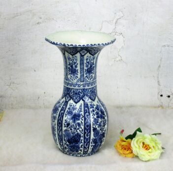 Vintage Royal Sphinx Maastricht Delft Trumpet Vase Marked Blue White Flowers