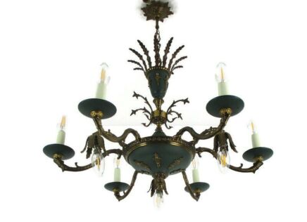 Vintage French Empire Pan Chandelier Green Tole Brass 9 lights Crown Exquisite