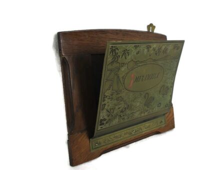 French Art Deco Wood Magazine Newspaper Rack Wall Mount Hanging Brass Plaque Journaux Swans