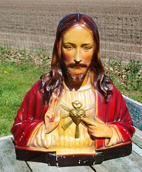 Vintage Authentic Jesus Christ Bust Holy Heart Plaster Statuette Chalk Beautiful
