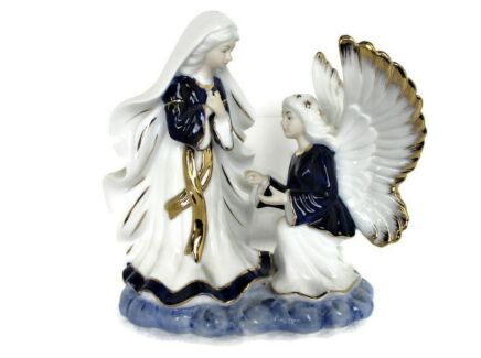 Statue Figurine Blessed Virgin Mary Annunciation Archangel Gabriel Porcelain Marked Evrard Lovely
