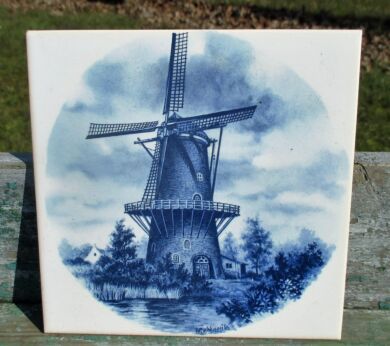 Vintage Blue White Ceramic Tile Windmill  Van Munnik Mosa Holland