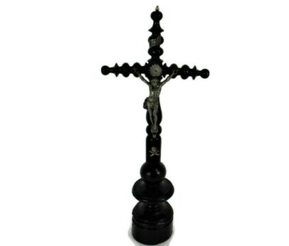 Antique Dark Carved wood Table Standing Crucifix Round Base Spelter Corpus Bobbin Parts Gorgeous