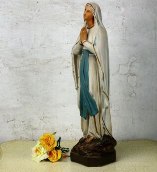 L French Vintage Virgin Mary Madonna Notre Dame de Lourdes Statue Plaster 21"