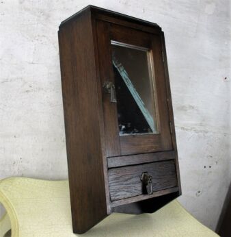 Vintage Hand Carved Oak Kitchen Medicine Apothecary Small Wall Cabinet mirror