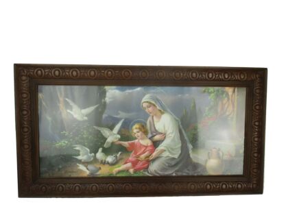 Vintage Wooden Ornate Frame Jesus Christ Virgin Mary Infant Jesus Iconic Print