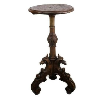 Antique Judaica Hand Carved Wood Pedestal Plant Stand Gothic Birds Star of David