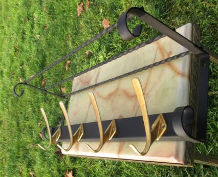 Antique Wrought Iron Coat Rack Wall Rack Hanger Brass  Hooks Shelf Vintage French