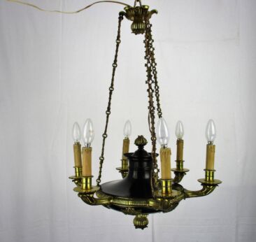 Large French Empire Tole Pan Chandelier Green Bronze ! 6 arm Hollywood regency