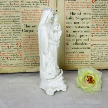 Antique 1900 Bisque Statue Virgin Mary Madonna Flower Wreath Infant Marked 9.25"