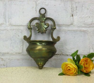 Vintage French Holy Water Font Wall Hanging Jesus Christ Brass Fleur de Lis