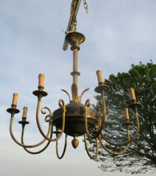 Vintage French Empire Style Chandelier 8 Arms Lights Green Shade Brass Stunning