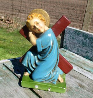 Vintage Statuette Sweet little child Figurine Carrying Cross Communion Chalk