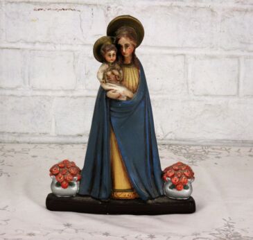 Art Deco Virgin Mary Madonna Infant Jesus Plaster Statuette Blue Robe Flowers