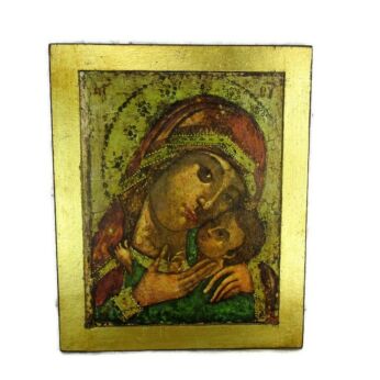 Vintage Wooden Icon Paint over Print Madonna Virgin Mary Infant Jesus 11.81"