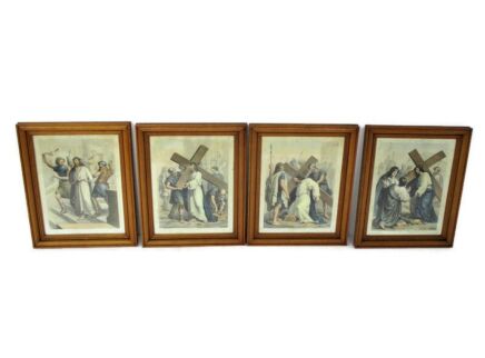 Complete Set Antique Framed Prints Stations of the Cross 14 Pieces Church