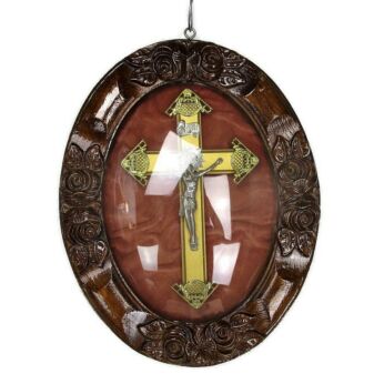 Oval Ornate Wooden Frame Red Velvet Convex Glass Christ Crucifix HTF Lovely