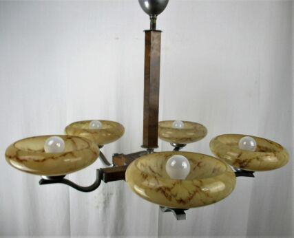 Architectural Art Deco lounge Chandelier 5 Marbled Opaque Shades 5 Arms