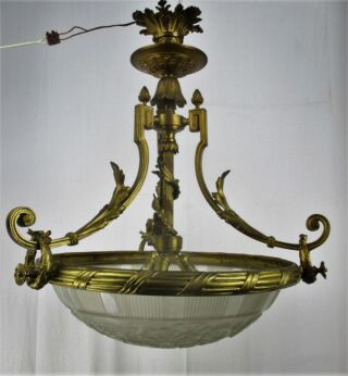Architectural Art Deco Pan Chandelier Ornate Bronze Empire Regency 3 lights