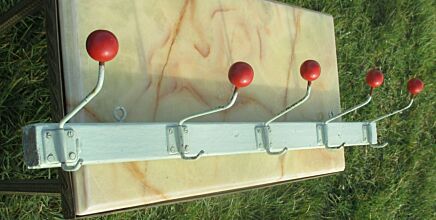 Vintage Antique Wooden Wall Coat Rack Red knobs metal Hooks Green Paint