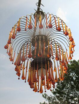 Vintage Amber Ruby Red Tear Drops rod Chandelier 3 Tier Era Murano Gorgeous drop